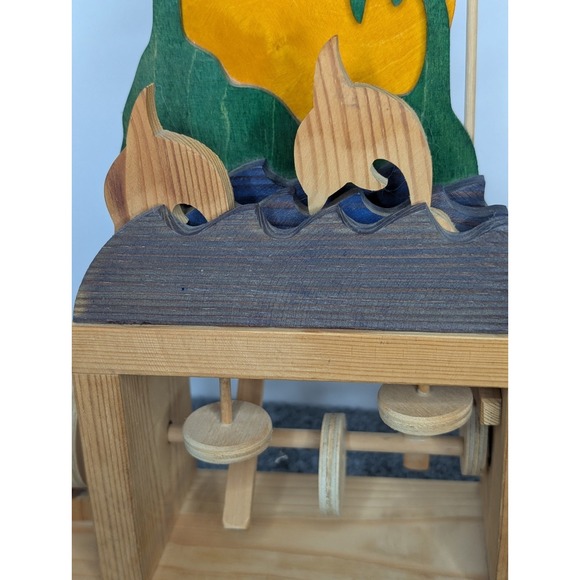 Vintage Wooden Automaton Hand Crank Wood Toy Decor Dolphin Sunset Palm Trees - Picture 7 of 14